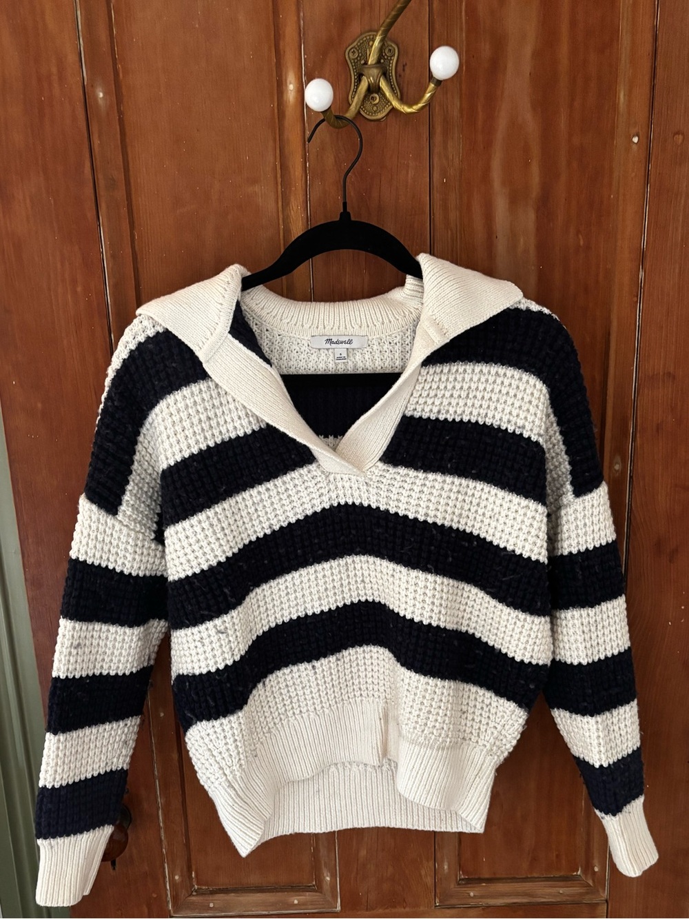 Madewell Waffle-Knit Henley Sweater Antique Cream Stripe - Picture 2 of 5